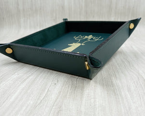 fancy green leather catchall tray with gold non openable studs by Giovelli Design