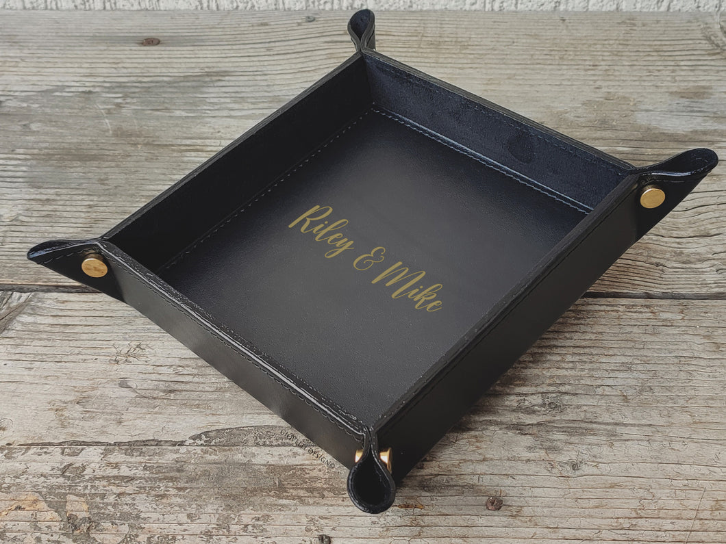 custom square valet tray with gold names inscription by Giovelli Design