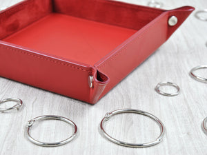 unique and bespoke red leather catchall tray for fiance by Giovelli Design