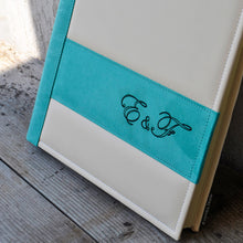 Load image into Gallery viewer, personalization on aqua green engagement photo album by Giovelli Design
