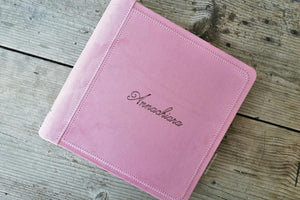 elegant and personalized pink suede fabric photo book by Giovelli Design