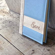 Load image into Gallery viewer, Bespoke Leatherette Baby Photo Album Light Blue and Beige Baptism Scrapbook by Giovelli Design
