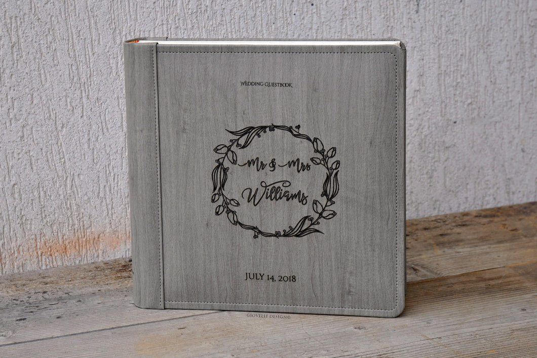 Customizable Wedding Guestbook with Garland Country and Rustic Gray Leatherette Photo Album by Giovelli Design