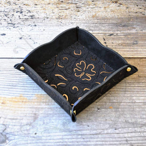 Elegant Suede Leather Catchall Curvy Gray Black and Gold Valet Tray by Giovelli Design