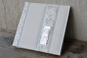 white first communion photo album with bilaminated silver plaque by Giovelli Design