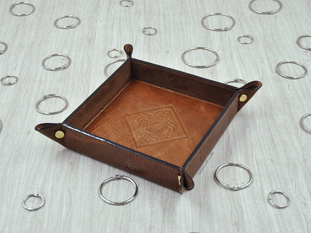 First Rate Leather Catchall with Embossed Lily Square Caramel Brown Valet Tray by Giovelli Design