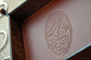 particular of a classy ornament on a stylish middle brown genuine leather catchall tray