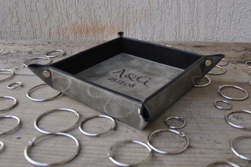 Stunning Leather Catchall with Monogram Square Marbled Grey Valet Tray by Giovelli Design