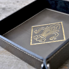 Load image into Gallery viewer, grey leather entryway valet tray with a fancy antique gold foil embossing
