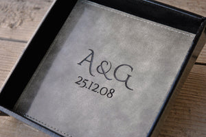 stunning marble gray leather catchall for anniversary with monogram by Giovelli Design