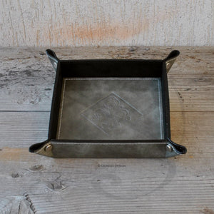 picture from above of a stylish marble gray leather catchall by Giovelli Design